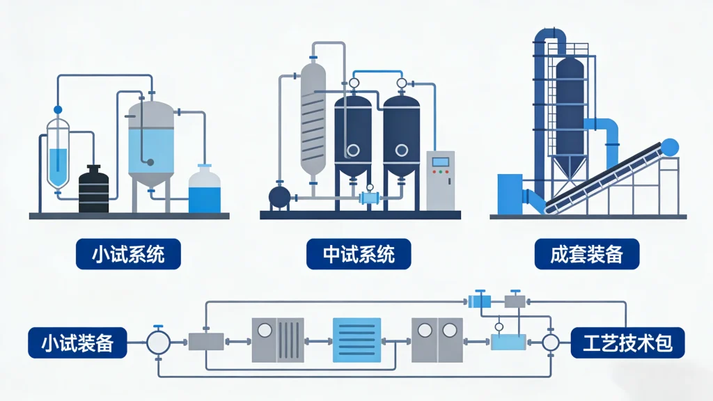 蓝烯新材系统工程服务流程图：小试系统、中试系统、成套装备、小试装备、工艺技术包，覆盖树脂吸附分离全流程解决方案
